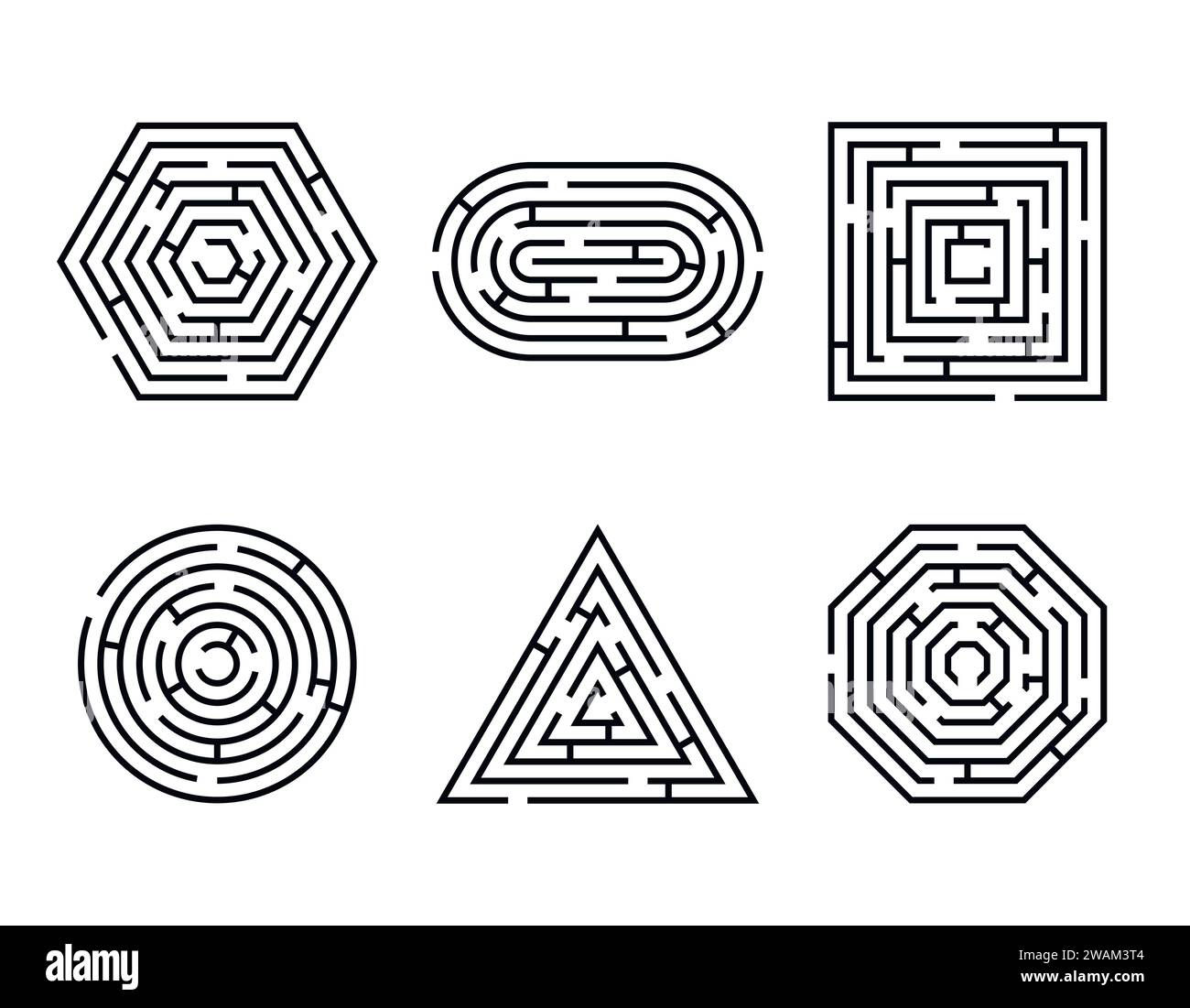 Labyrinth different shapes game and maze fun puzzle set isolated on white background. Maze square, round, hexagon, oval and triangle puzzle riddle log Stock Vector