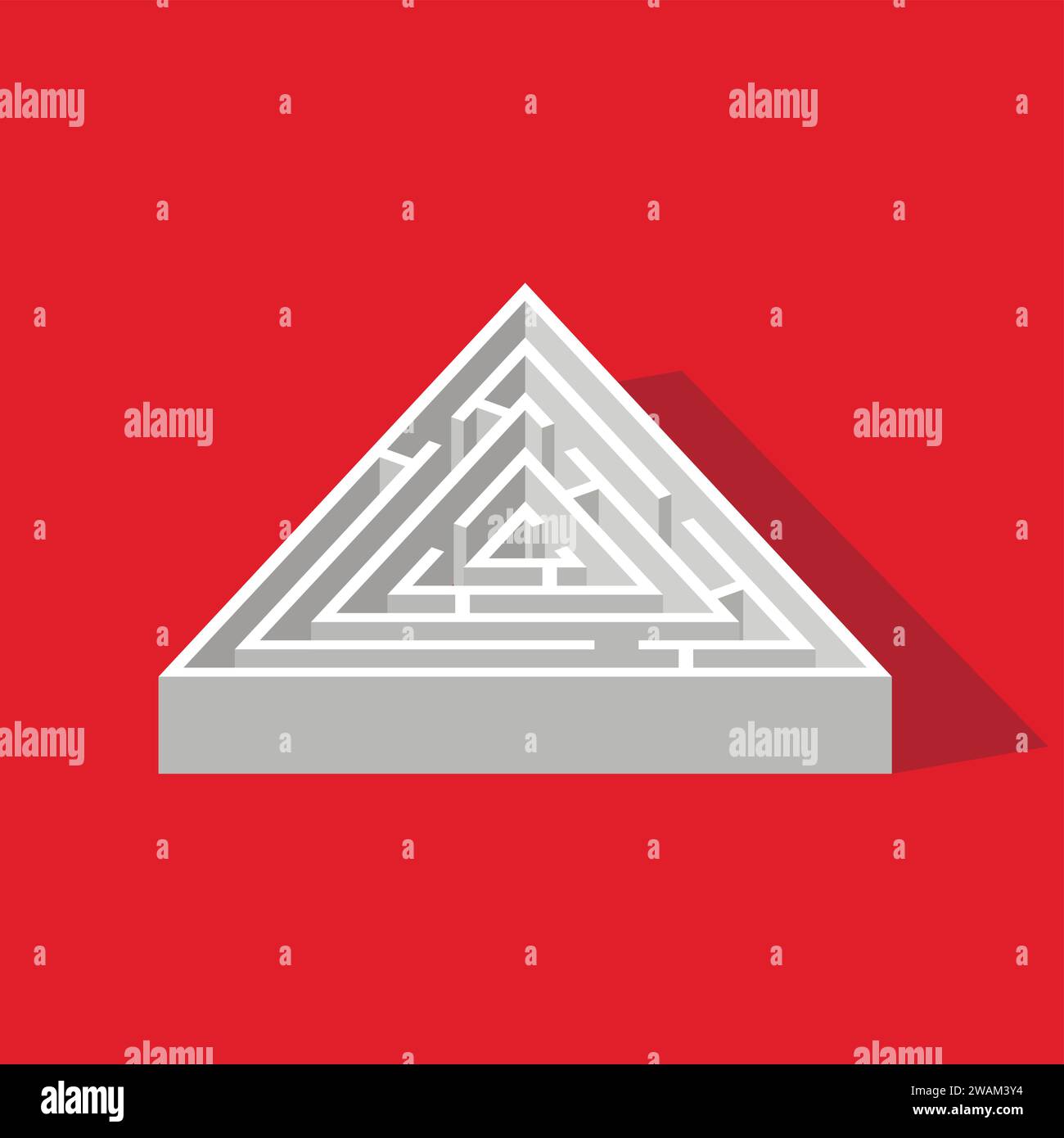 Labyrinth triangle isometric game and maze fun puzzle isolated on red background. Puzzle riddle logic game isometric concept. Vector illustration Stock Vector
