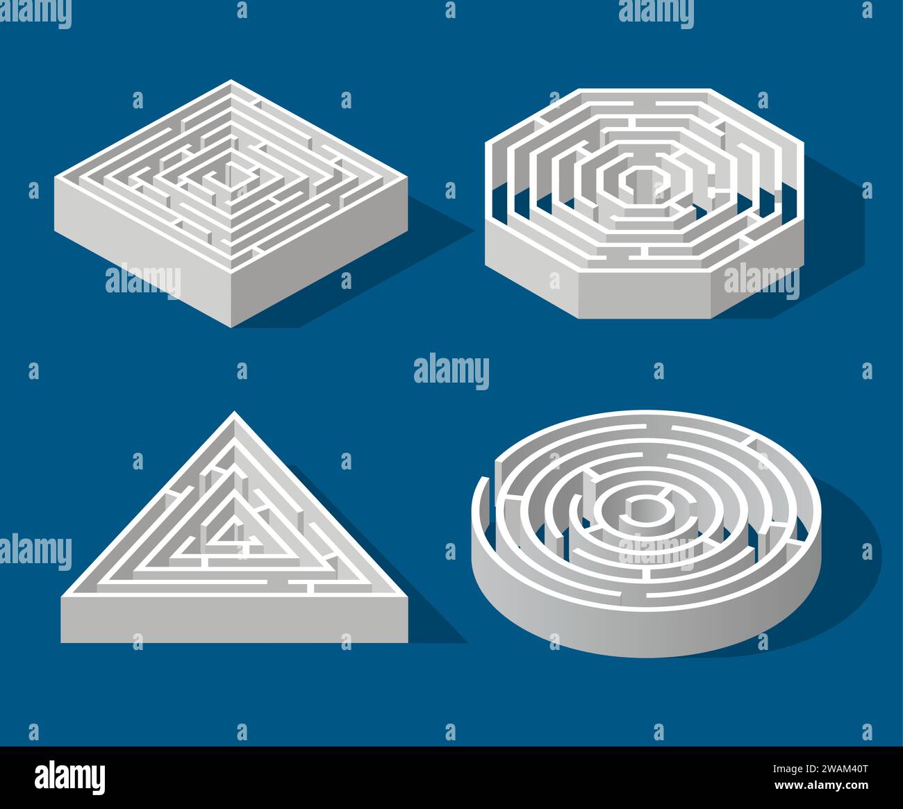 Set Labyrinth isometric game and maze fun puzzle isolated on blue background. Square, triangle, hexagon and circle. Puzzle riddle logic game isometric Stock Vector