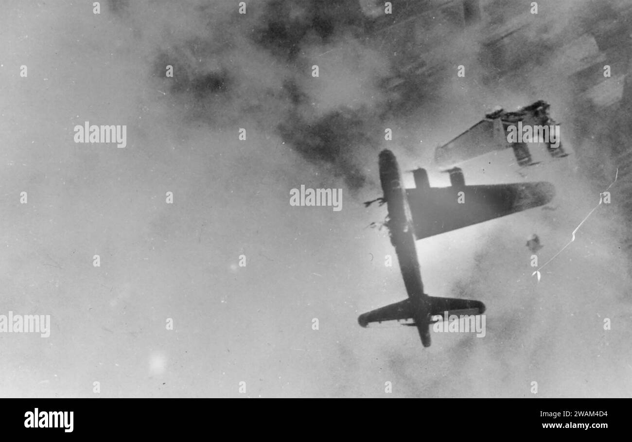 BOEING B-17 FLYING FORTRESS.  B-17G-15-BO Wee Willie of the USAAF  332nd BS, 91st BG, takes a direct hit from flak over kranenburg, Germany on her 128th mission on 10 April 1945.Only the pilot, Lt Robert E. Fuller survived. Stock Photo
