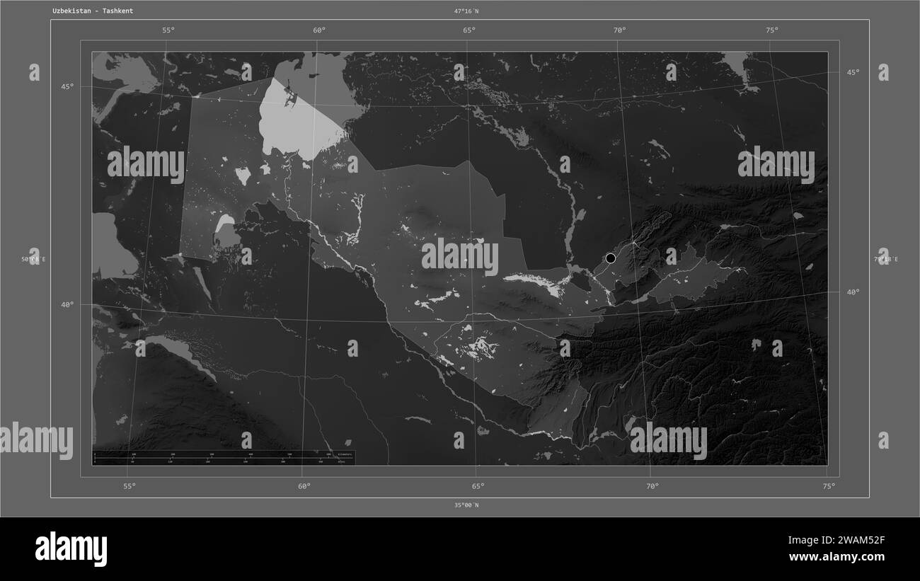 Uzbekistan highlighted on a Grayscale elevation map with lakes and ...