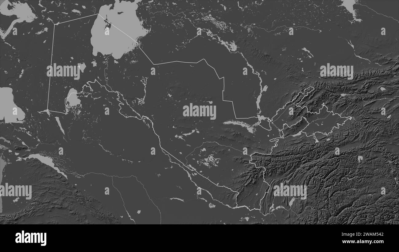 Uzbekistan outlined on a Bilevel elevation map with lakes and rivers ...