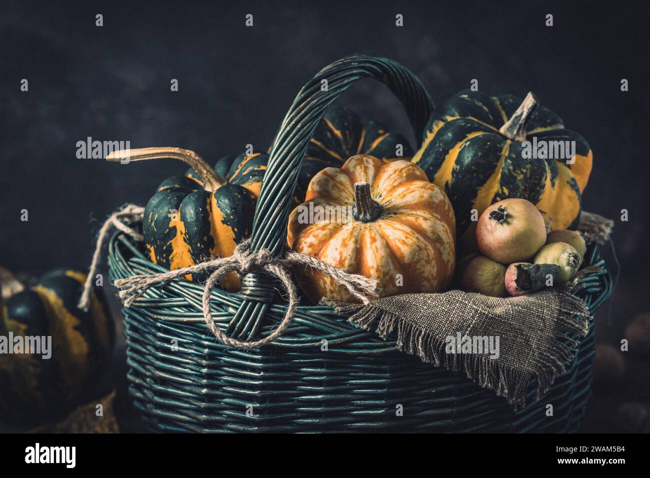 Basket with various small pumpkins with a striped pattern on dark background Stock Photo