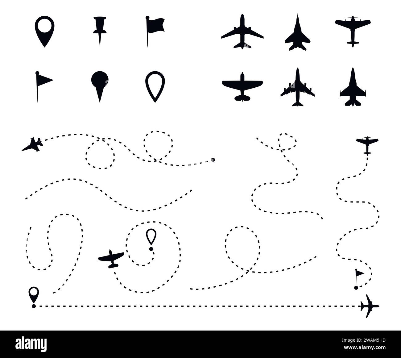 Airplane route set, dashed line trace and plane routes isolated on white. Plane line path, Aircrafts and pins symbols. Airplane directional pathway, m Stock Vector