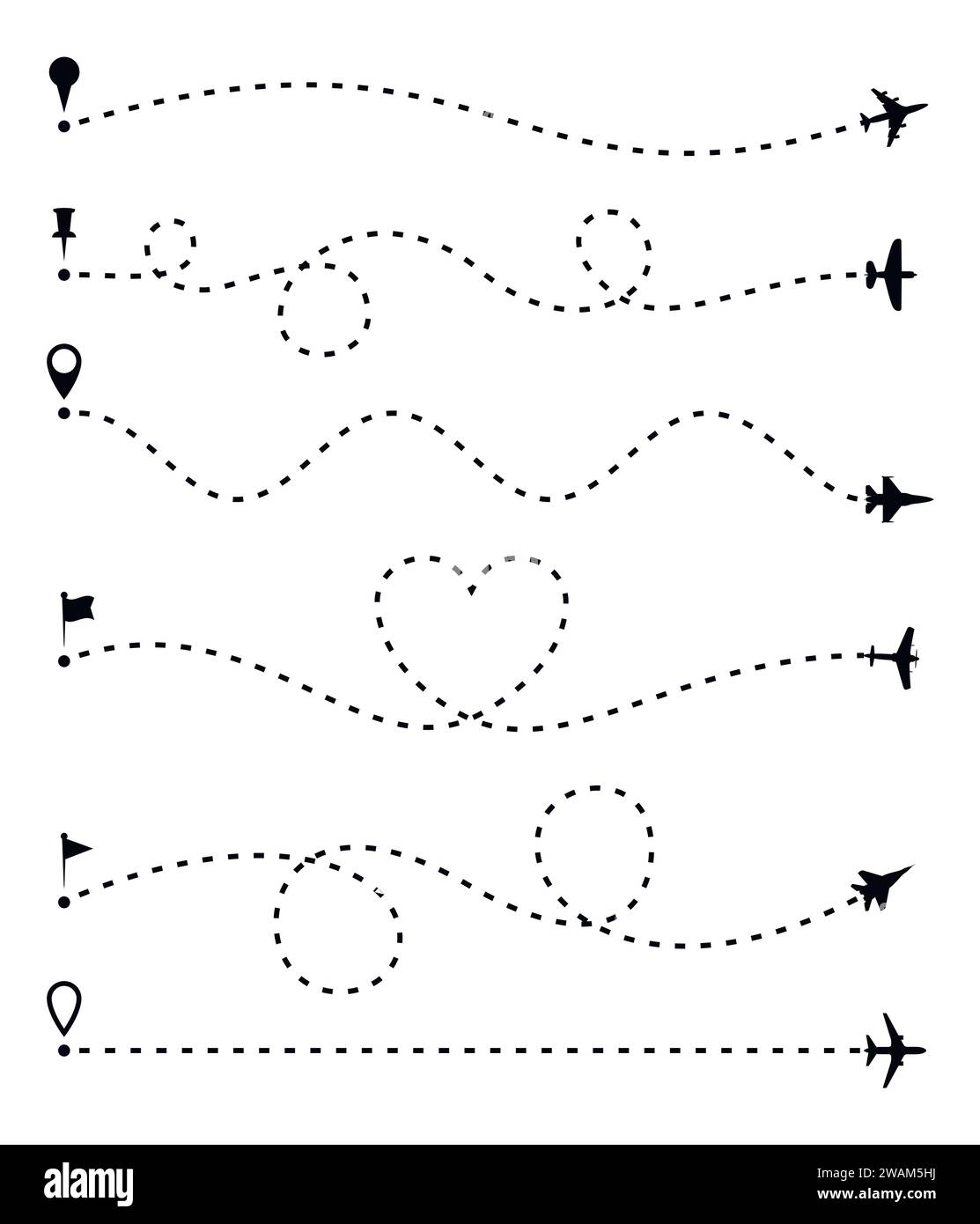Airplane route set, dashed line trace and plane routes isolated on white. Plane line path, Aircrafts and pins symbols. Airplane directional pathway, m Stock Vector