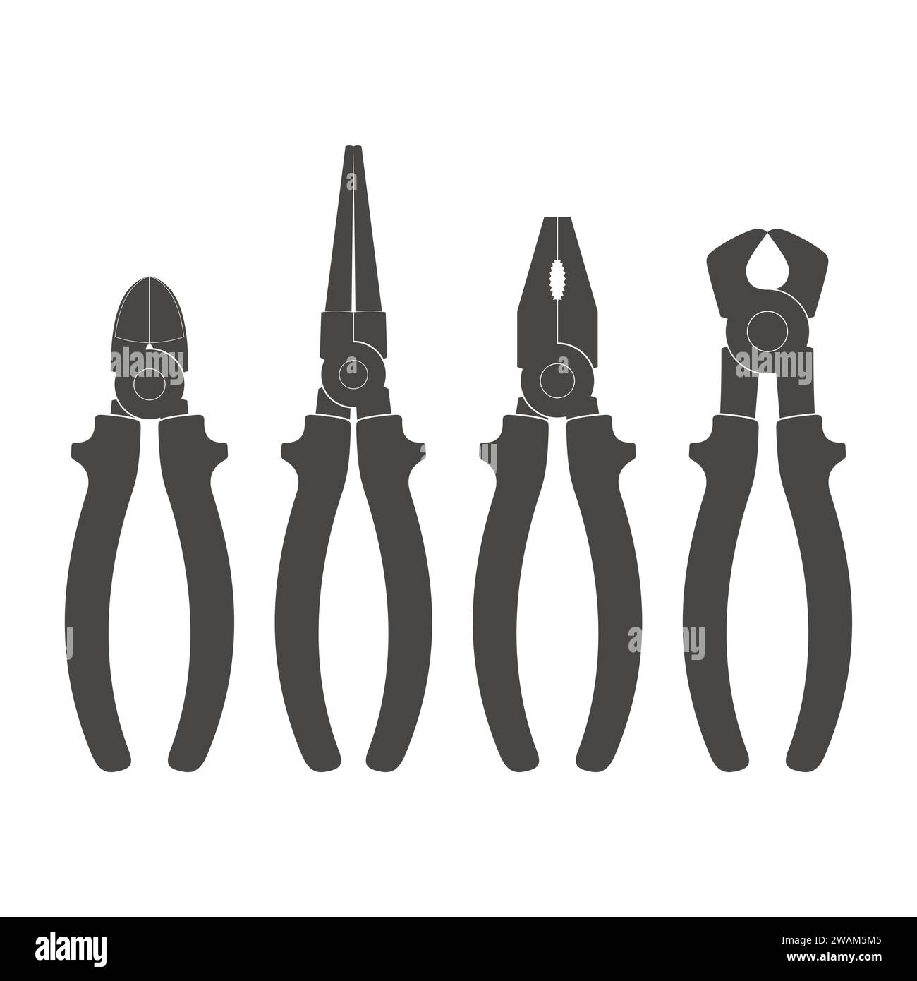 Set of different types of pliers and side cutters icons isolated on white background. Builder, construction and repair hand tools with plastic handles Stock Vector