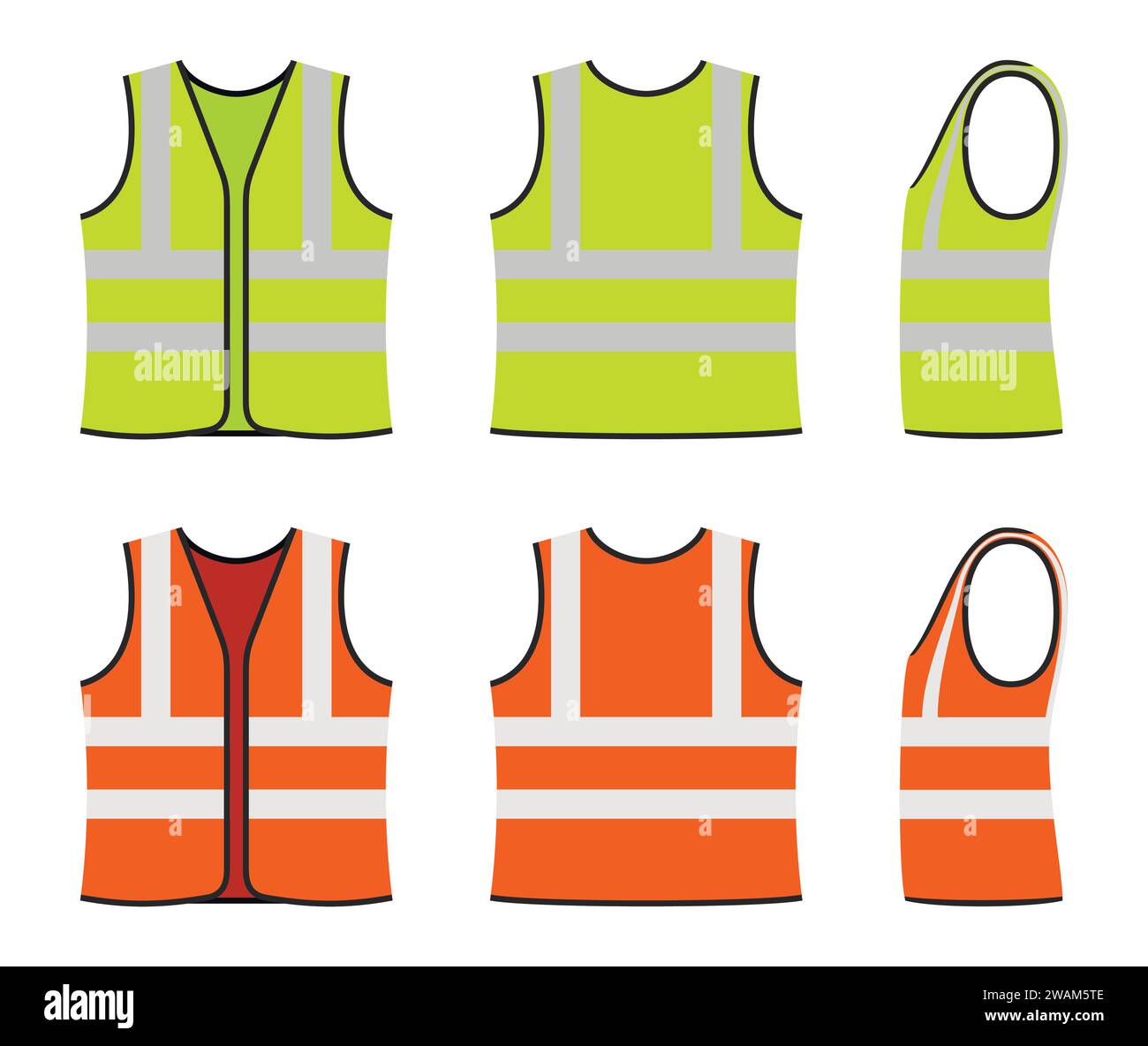 Set of orange and yellow safety vests isolated on white background ...