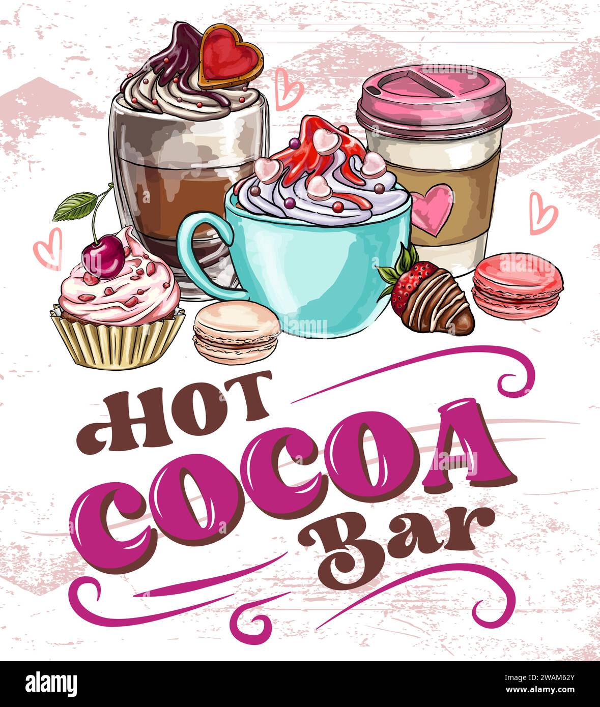 Hot cocoa station, bar sign for love events: Valentine's Day, romantic date, for t-shirts and print products. Stock Vector