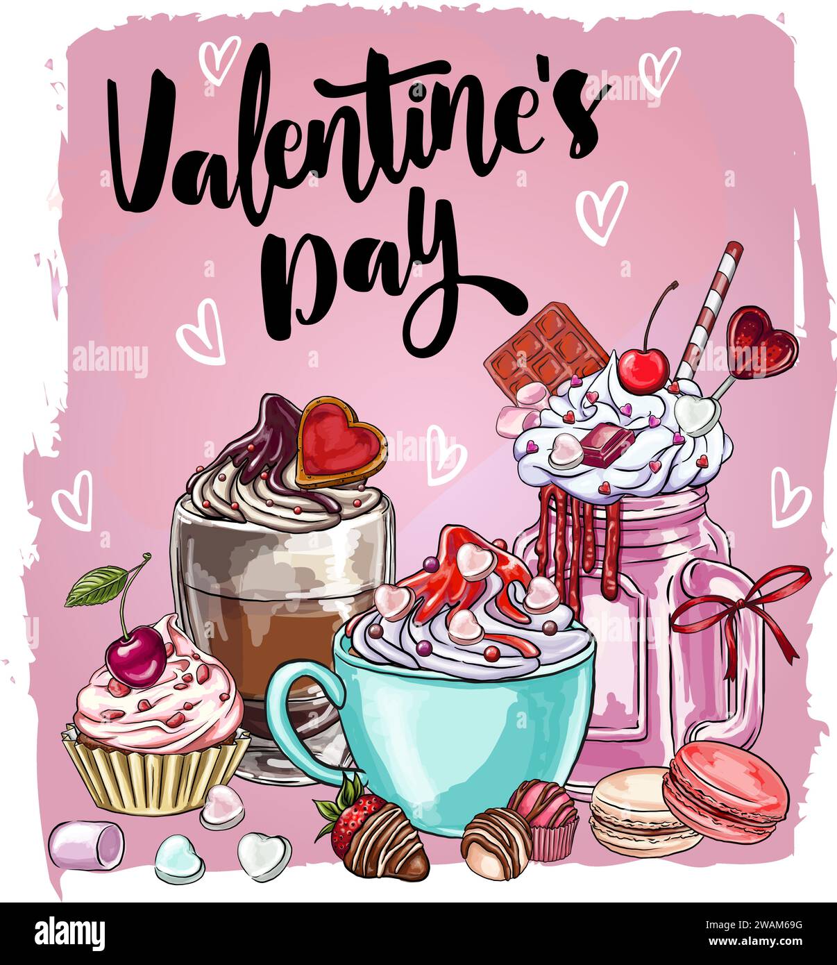Illustration set for Valentine's Day themed designs, coffee cookies, chocolates, candies, DIY, digital printing, t-shirt designs, stickers, bar signs Stock Vector