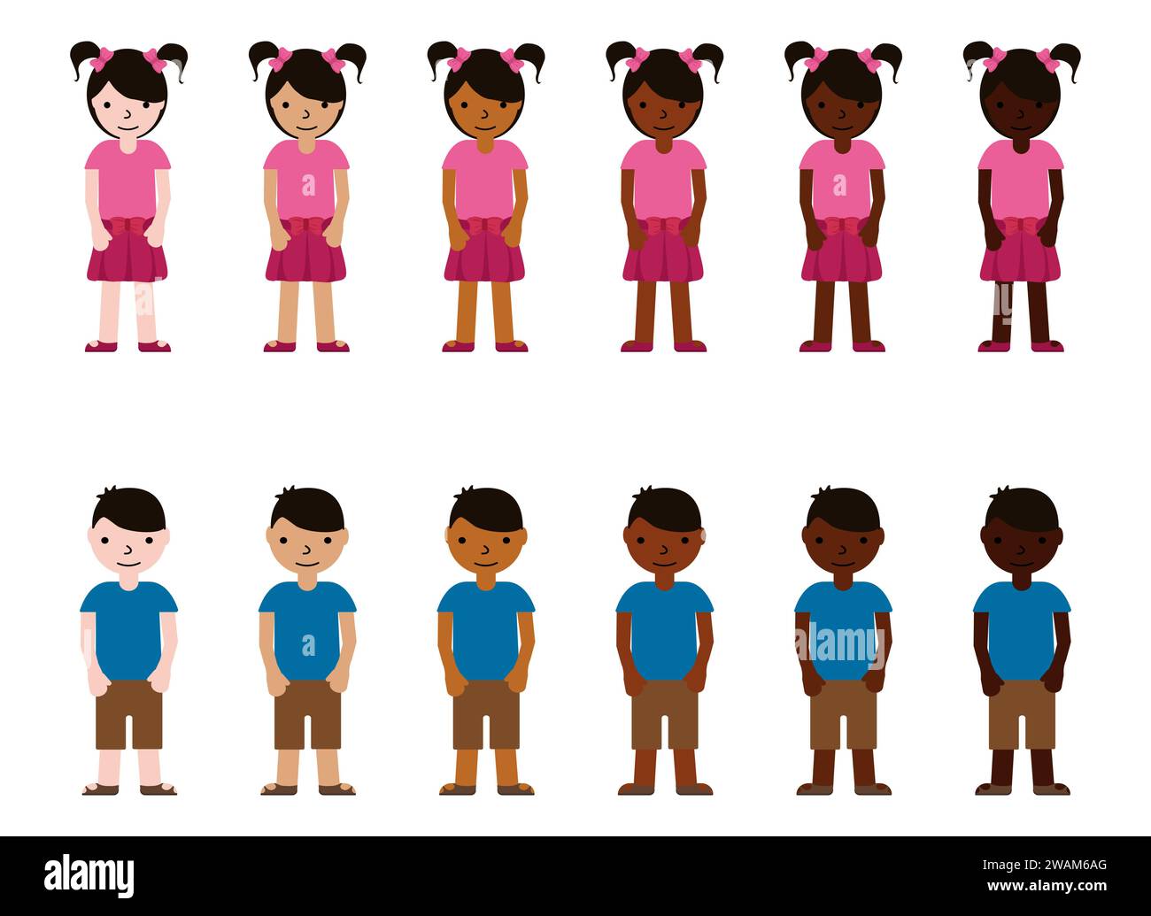 Girls and boys with different skin color. Young children race diversity. Multinational vector illustration. Stock Vector