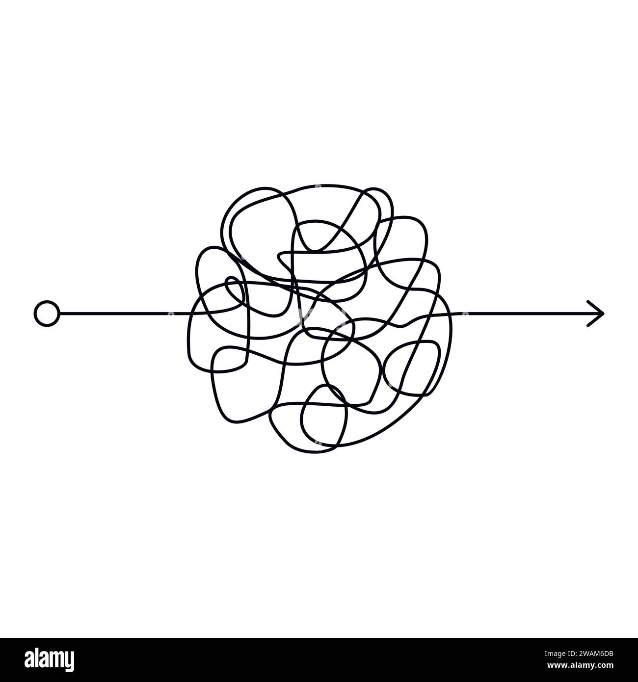 Insane messy line, complicated clew way on white background. Tangled scribble path, chaotic difficult process way. Curved black line, solving a comple Stock Vector
