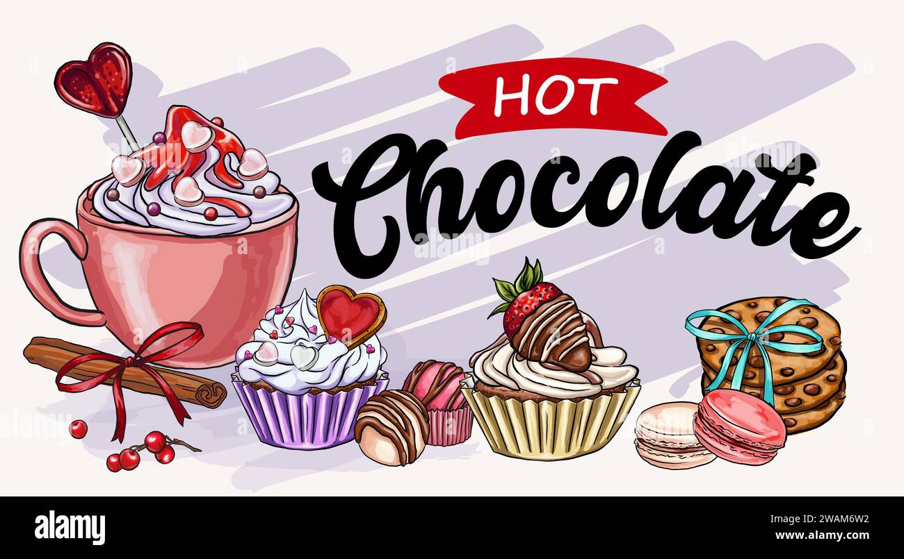 Hot cocoa station banner for design, Christmas cookies, gingerbread, sweets, candy, DIY, Christmas sign, holiday crafts Stock Vector