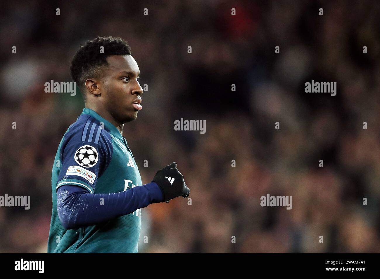 EINDHOVEN - Eddie Nketiah of Arsenal FC during the UEFA Champions League Group B match between PSV Eindhoven and Arsenal FC at Phillips Stadium on December 12, 2023 in Eindhoven, Netherlands. ANP | Hollandse Hoogte | Bart Stoutjesdijk Stock Photo