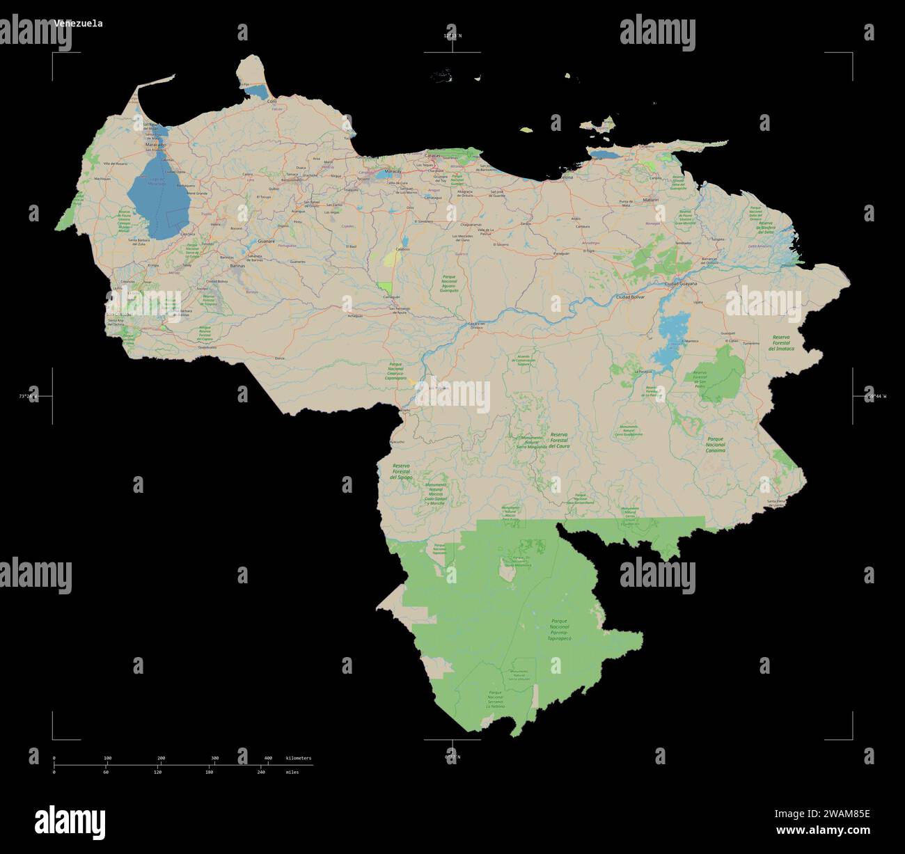 Shape of a topographic, OSM standard style map of the Venezuela, with ...