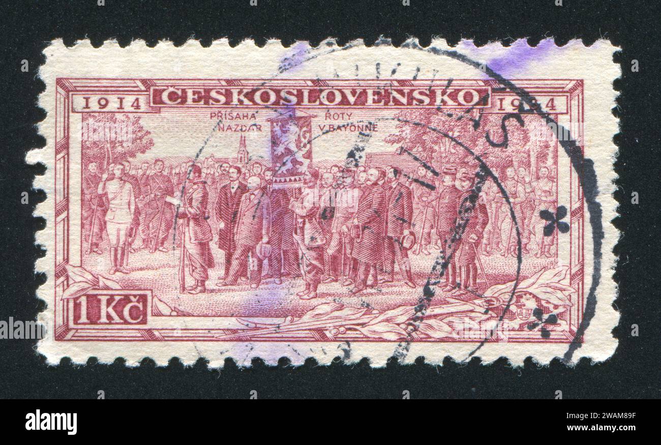 CZECHOSLOVAKIA - CIRCA 1934: stamp printed by Czechoslovakia, shows Consecration of Legion Colors at Kiev, circa 1934 Stock Photo