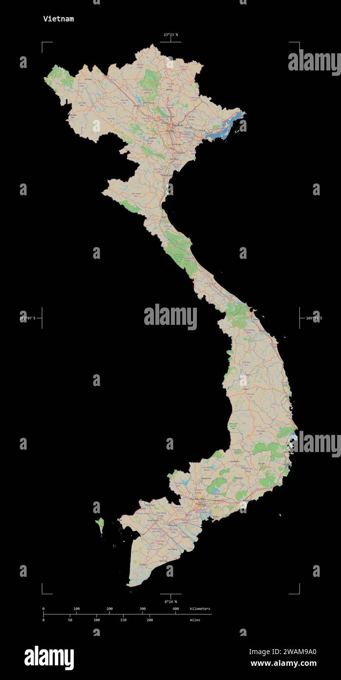 Shape of a topographic, OSM standard style map of the Vietnam, with