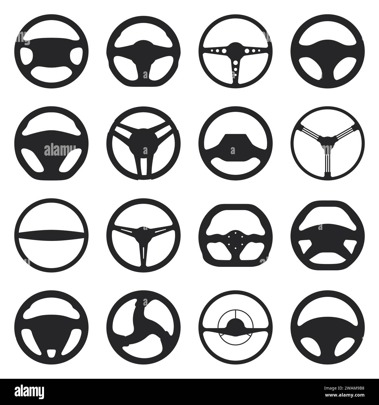 Set of different steering wheels icons isolated on white background. Car wheel control silhouette, auto part driving in flat style. Vector illustratio Stock Vector
