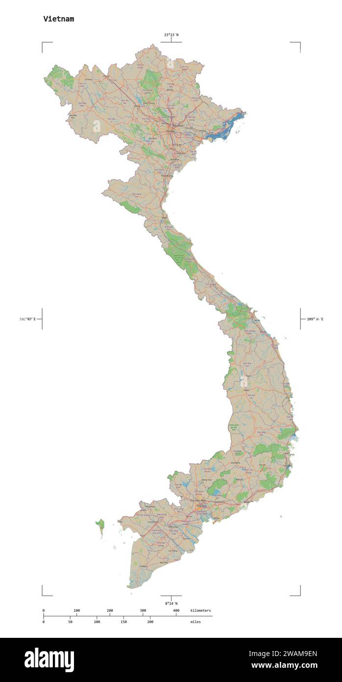 Shape of a topographic, OSM standard style map of the Vietnam, with