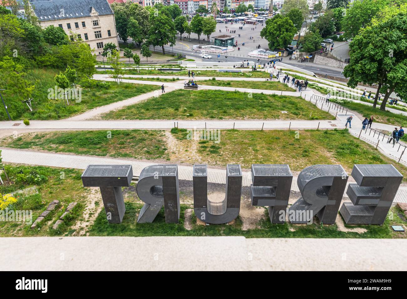 Erfurt, Germany - May 20, 2023: The lettering of the city of Erfurt in Germany in large capital letters, view from behind down to the Domplatz. Stock Photo