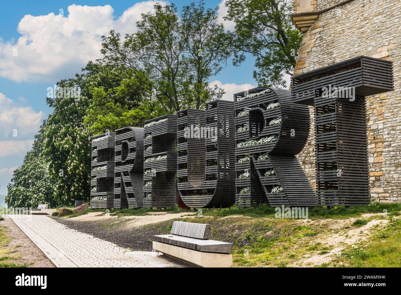 Erfurt, Germany - May 20, 2023: The lettering of the city of Erfurt in Germany in large capital letters that are filled with plants Stock Photo