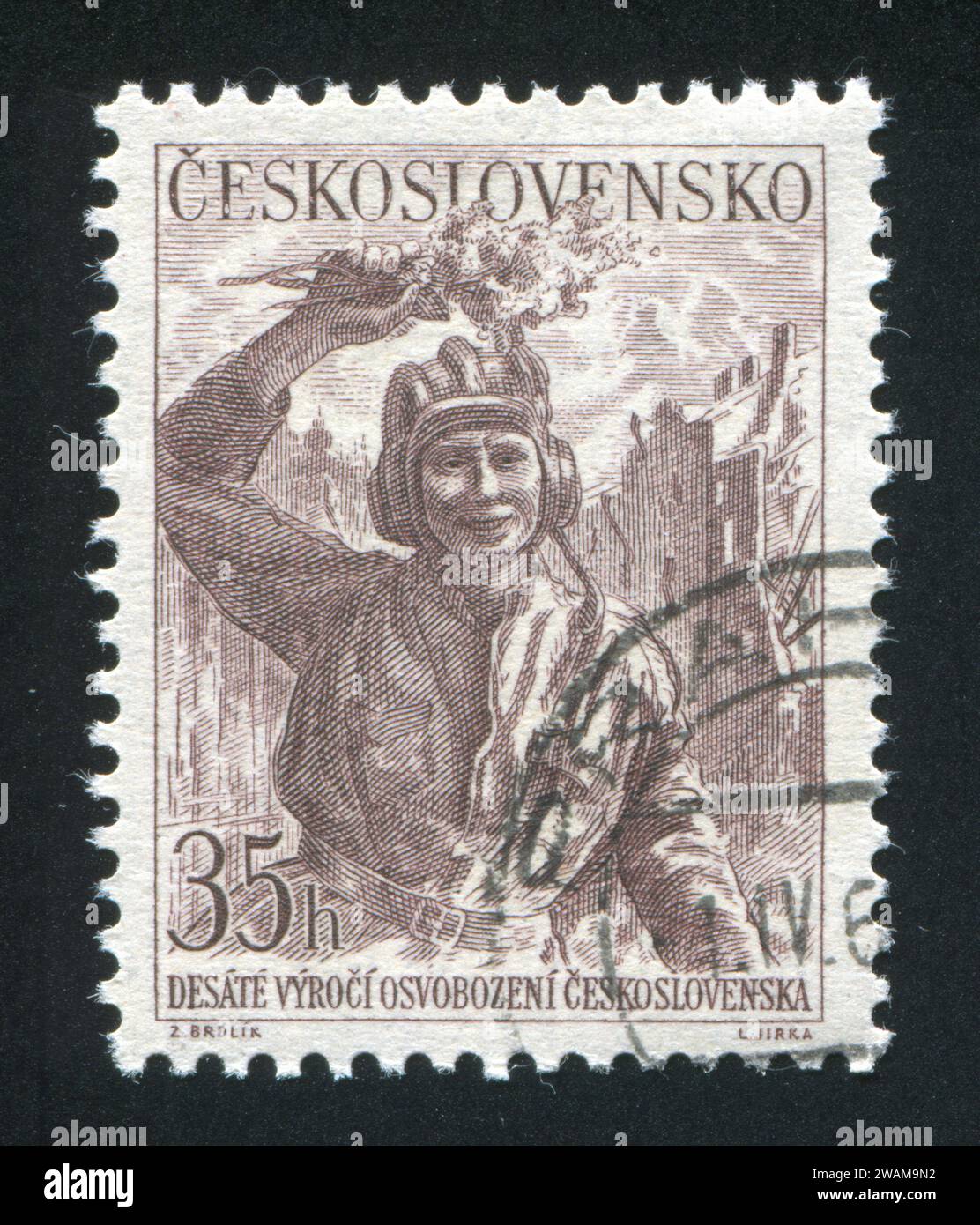 CZECHOSLOVAKIA - CIRCA 1955: stamp printed by Czechoslovakia, shows Tankman with flowers, circa 1955 Stock Photo