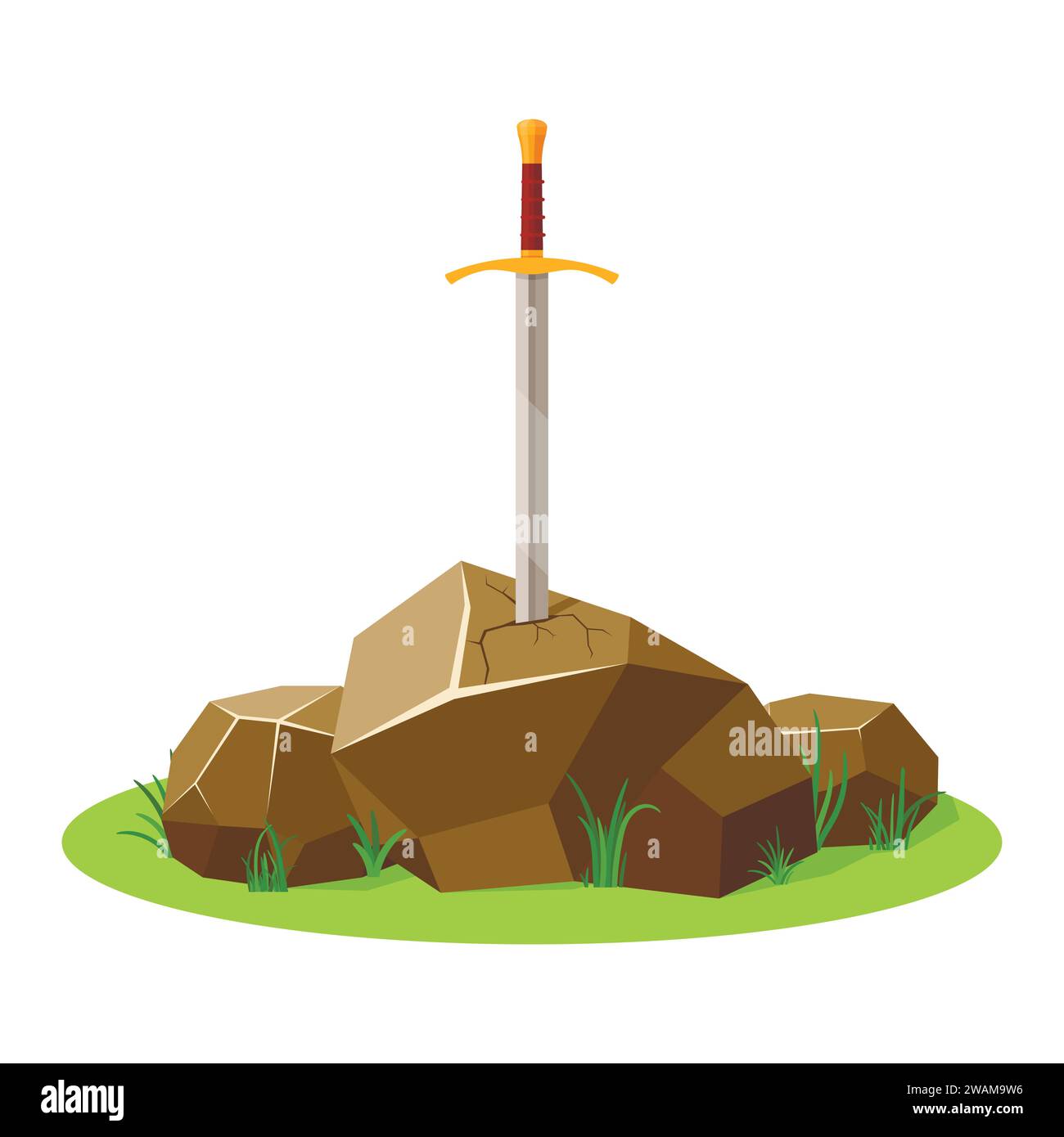 Sword in stone isolated on white background. King Arthur's sword, legendary Excalibur. Medieval weapons and rock. Metaphor for goals, dedication or de Stock Vector