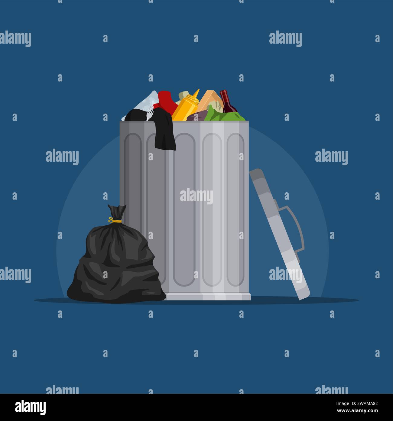 Steel garbage bin full of trash. Trash can with rubbish isolated on blue background. Wheelie bin and trash bag. Scene with pile of waste, Vector illus Stock Vector