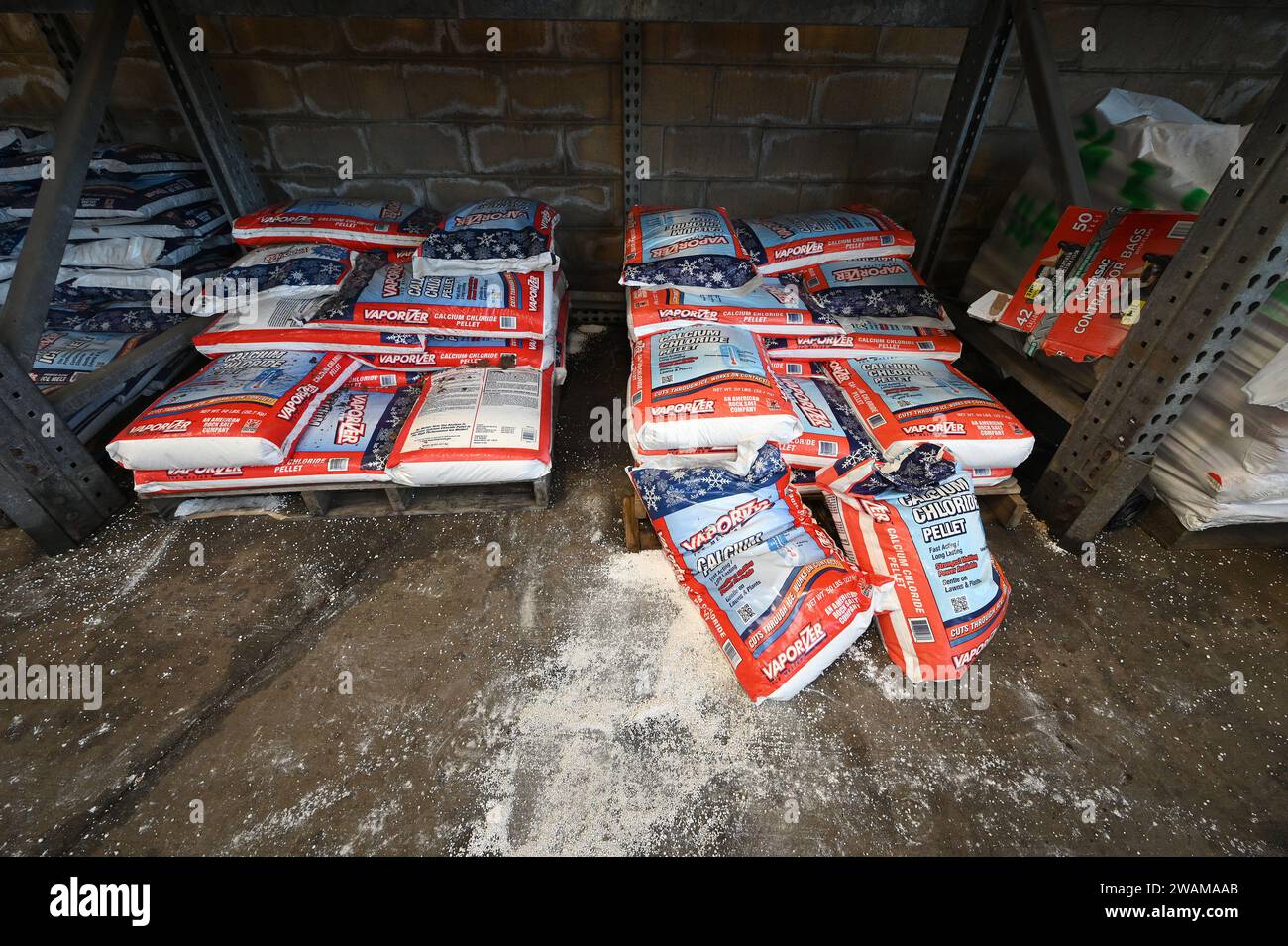 New York, USA. 05th Jan, 2024. Remaining bags of calcium chloride salt