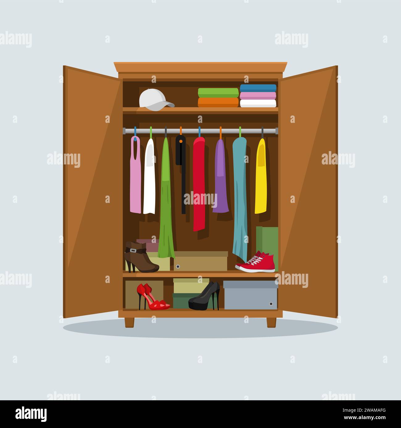Open wardrobe with clothes. Closet with clothes, dresses, shirts, boxes and shoes. Natural wooden Furniture. Vector illustration. Stock Vector
