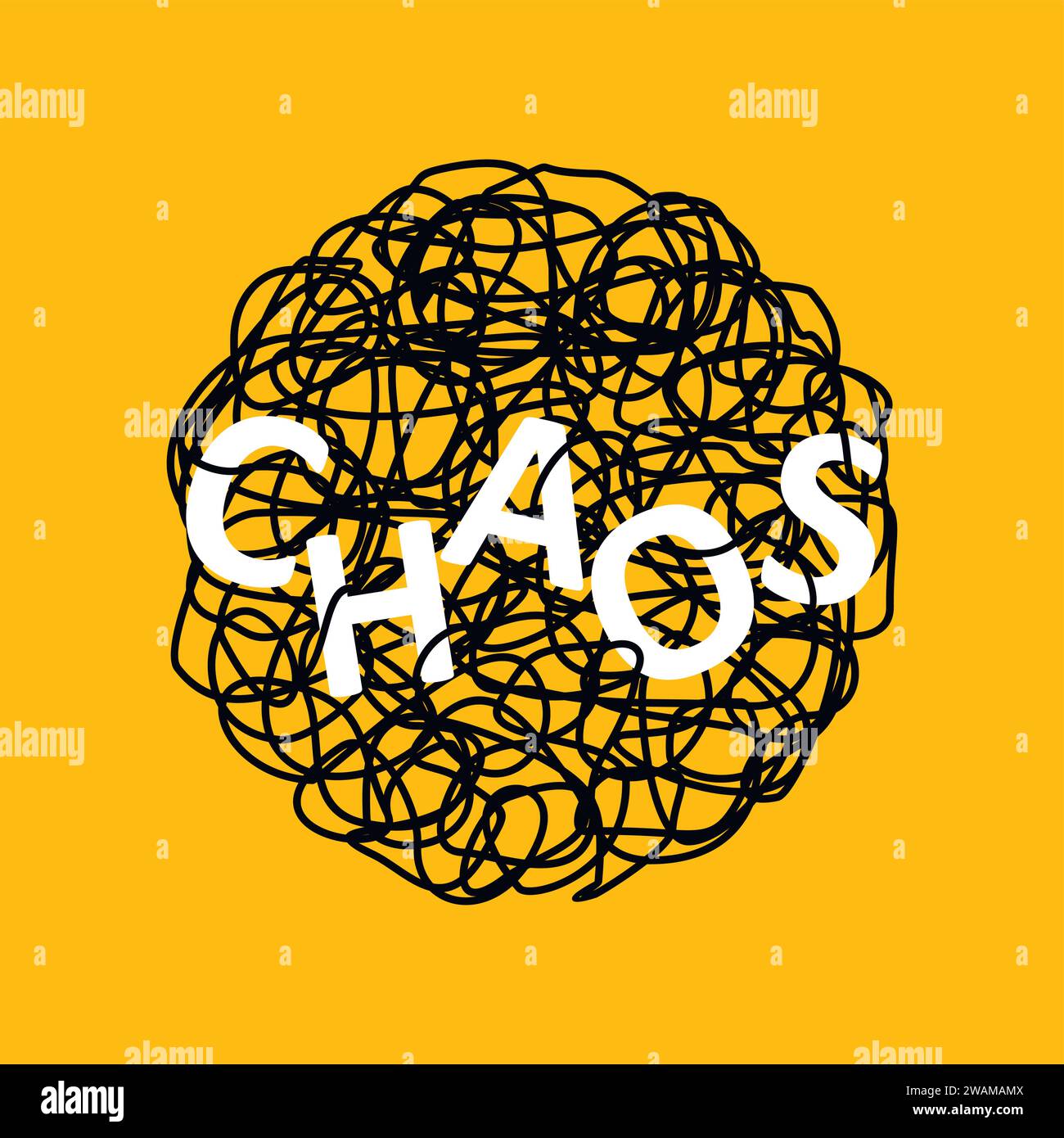 Abstract hand drawn illustration of chaos over tangled mess scribble or doodle on yellow background. Metaphor of problem, difficult situation, chaos a Stock Vector