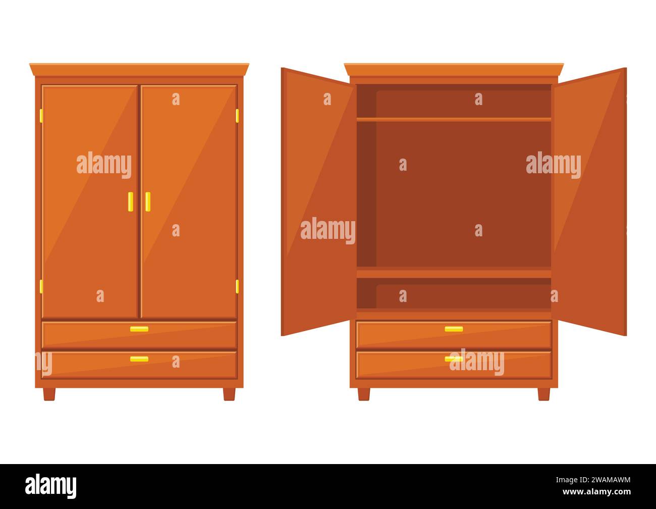 Open and closet wardrobe isolated on white background .Natural wooden