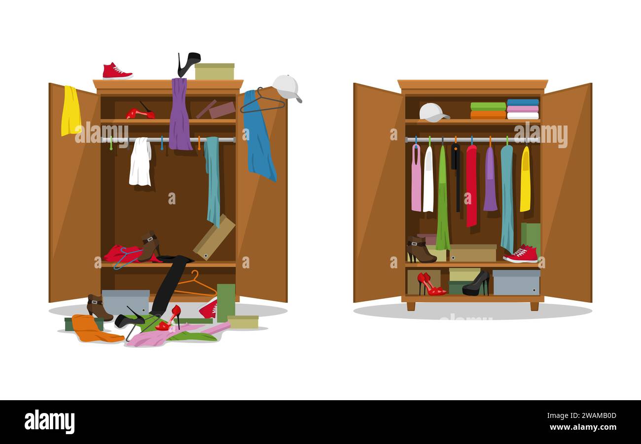 Before untidy and after tidy wardrobe. Woman clothings and shoes in mess and tidy organizing, opening dress closet with messy and organized clothes. T Stock Vector