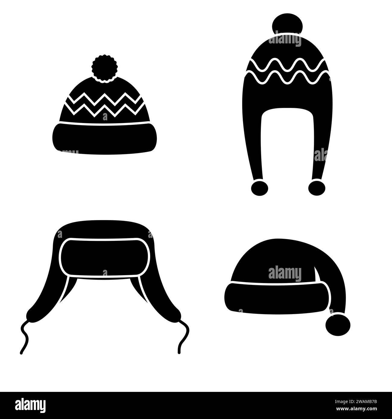 Winter hats set black icons isolated on white background. Knitting headwear and caps for cold weather. Outdoor clothing. Vector illustration. Stock Vector