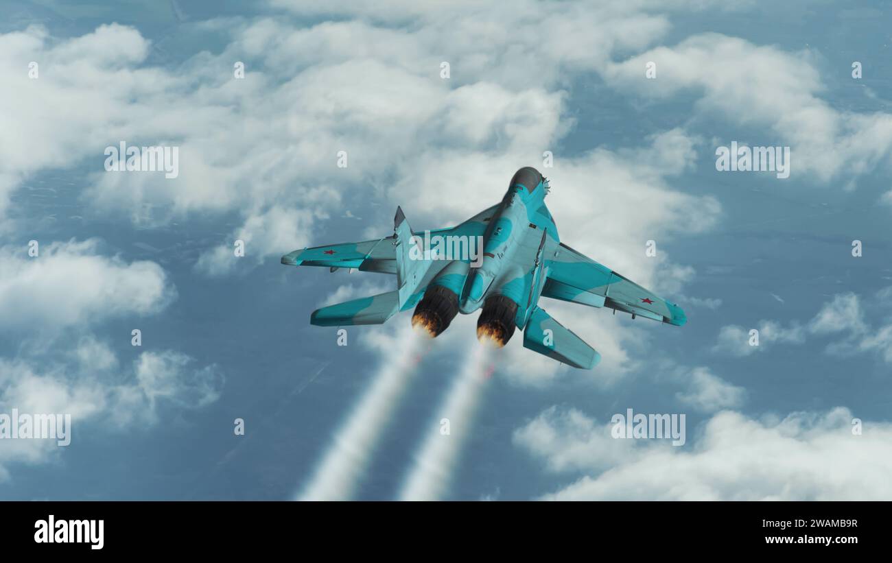 Mig 35 airplane in the sky above the clouds, smoke and fire from jet engines. Concept: war in Ukraine, attack from the air. Stock Photo