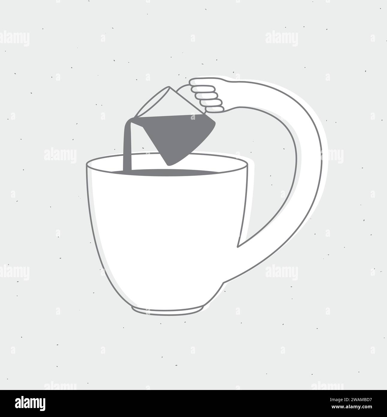 Cup pours milk into itself drawing in cartoon flat line style on grey background Stock Vector