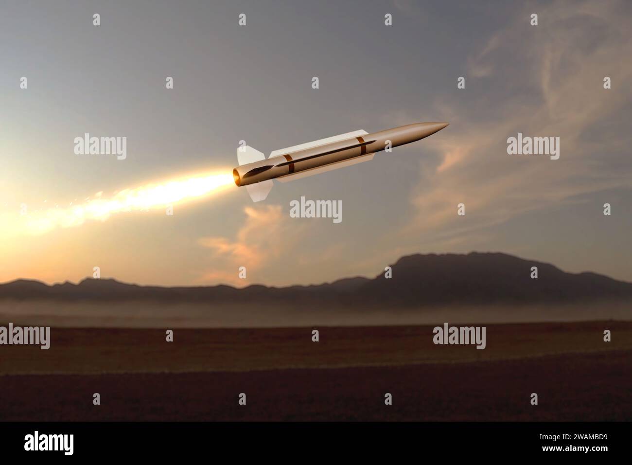 Military missile flies against a background of mountains and desert, smoke and fire. Concept: missile attack at sunrise, preemptive strike, war in the Stock Photo