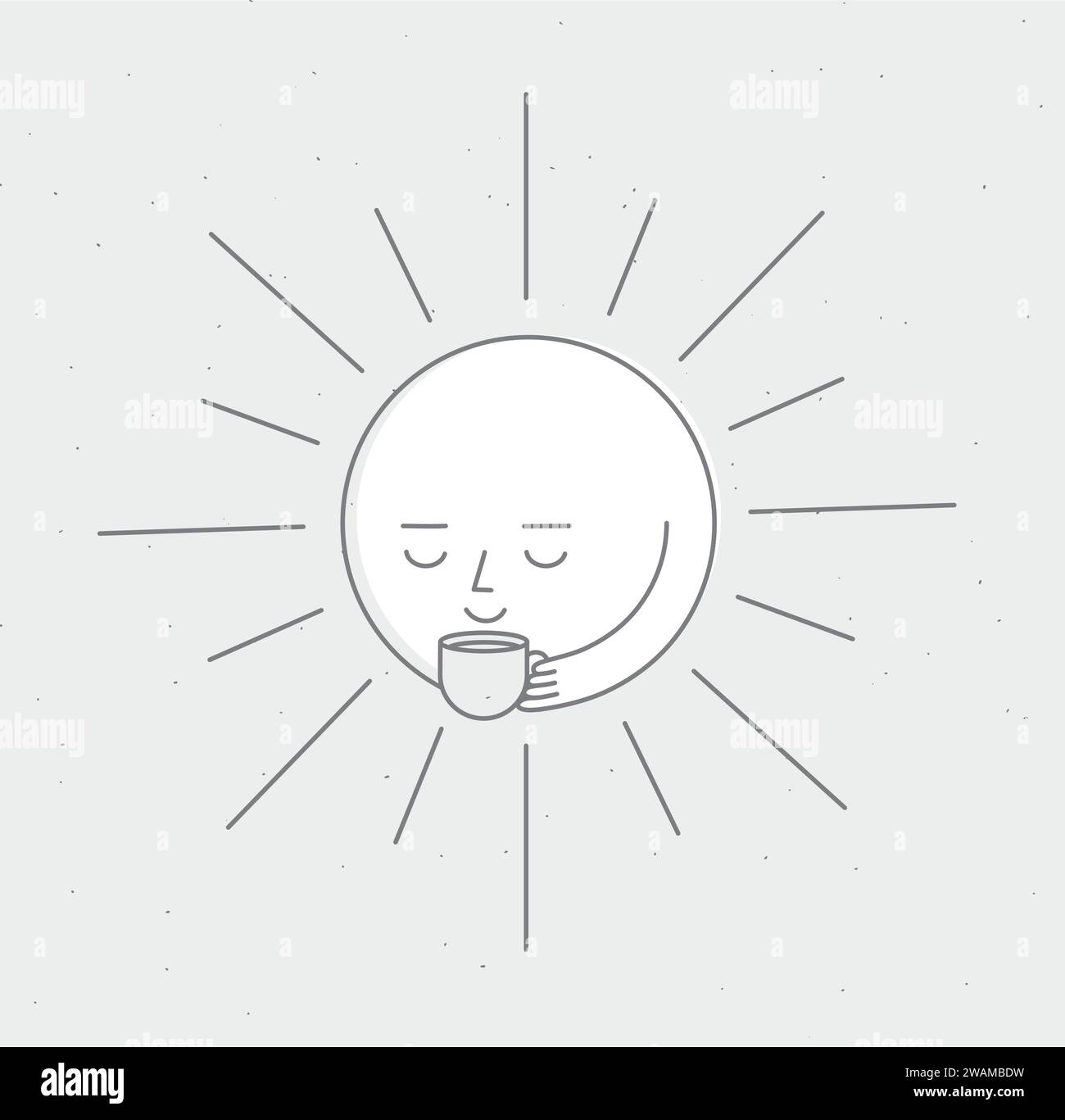 Morning sleeping sun holding cup of coffee drawing in cartoon flat line cartoon style on grey background Stock Vector