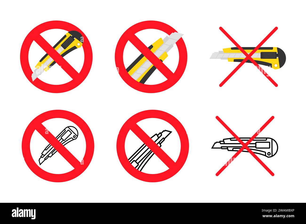 Prohibition signs vector illustration set forbidding stationery knives and cutters, ideal for safety guidelines and restricted tool use policies. Stock Vector