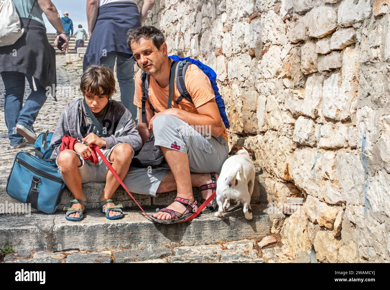 father with son and dog Jack Russell Terrier resting on the steps. Family holidays during school holidays Stock Photo