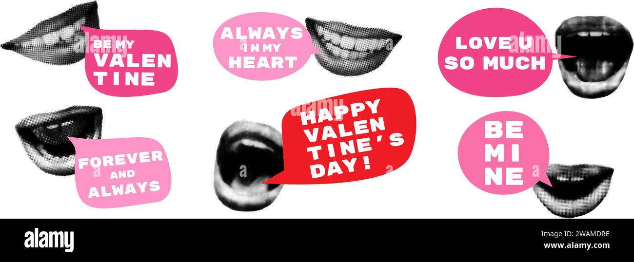 Valentines day halftone collage stickers set vector illustration Stock Vector