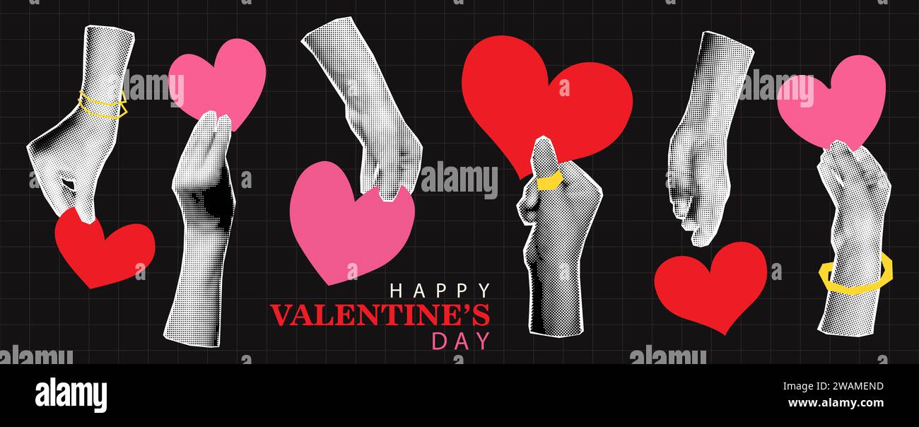 Halftone hands holding hearts collage elements vector illustration Stock Vector