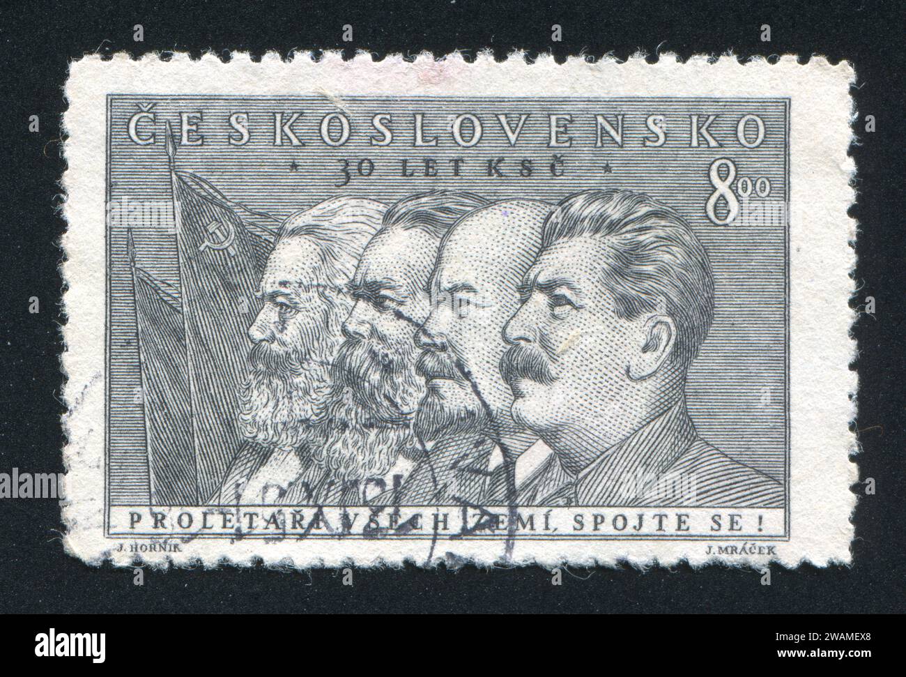 CZECHOSLOVAKIA - CIRCA 1951: stamp printed by Czechoslovakia, shows Marx, Engels, Lenin and Stalin, circa 1951 Stock Photo