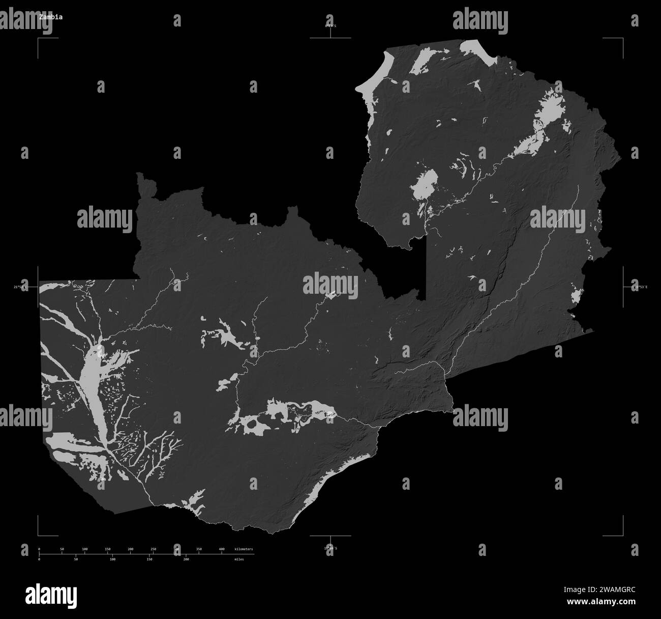 Shape of a Grayscale elevation map with lakes and rivers of the Zambia