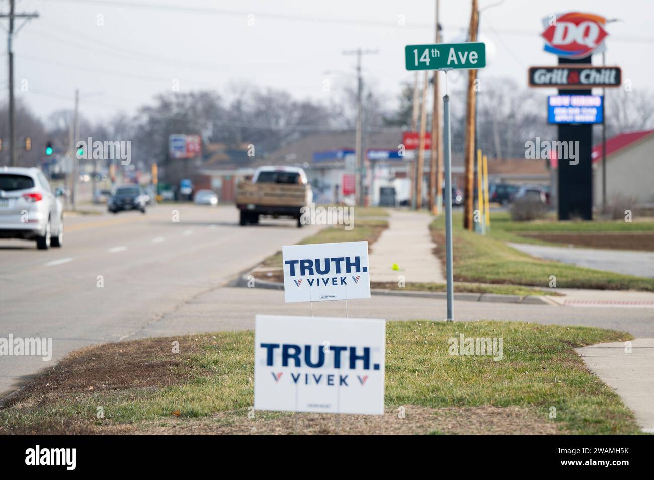De Witt, USA. 05th Jan, 2024. Campaign signs for Republican