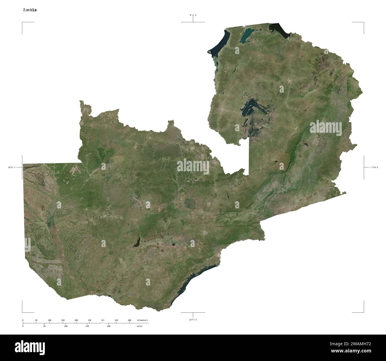 Shape of a high resolution satellite map of the Zambia, with distance ...