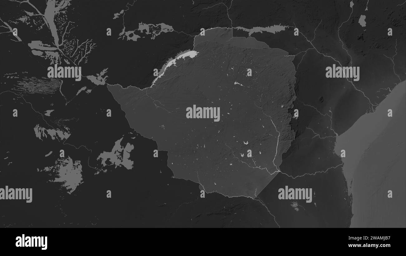 Zimbabwe highlighted on a Grayscale elevation map with lakes and rivers Stock Photo