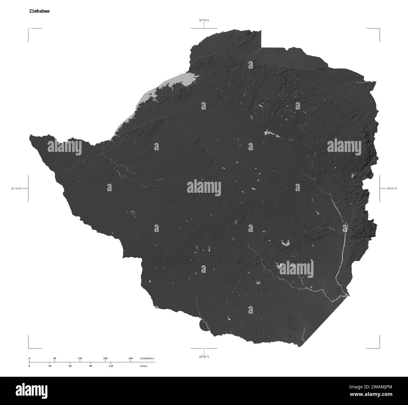 Shape of a Grayscale elevation map with lakes and rivers of the Zimbabwe, with distance scale and map border coordinates, isolated on white Stock Photo