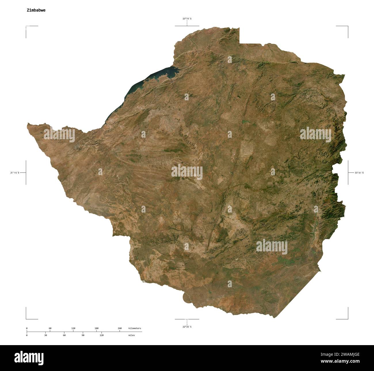 Zimbabwe map solid border satellite - Shape Of A Low Resolution Satellite Map Of The Zimbabwe With Distance Scale And Map Border Coordinates Isolated On White 2WAMJGE