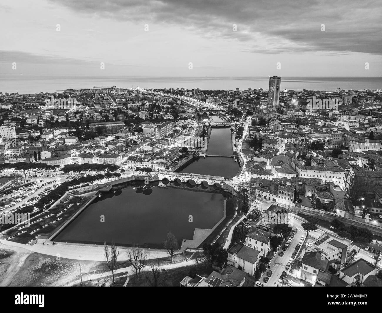 A stunning aerial view of Rimini, Italy at night during the Christmas season Stock Photo
