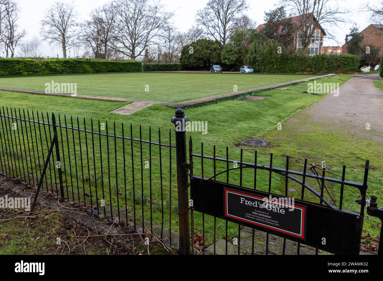 Windsor, UK. 4th January, 2024. Fred's Gate is pictured at Windsor and Eton Bowling Club. Credit: Mark Kerrison/Alamy Live News Stock Photo